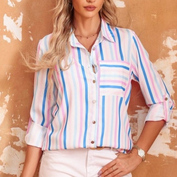 Striped Button Down Blouse - Picture 2 of 5